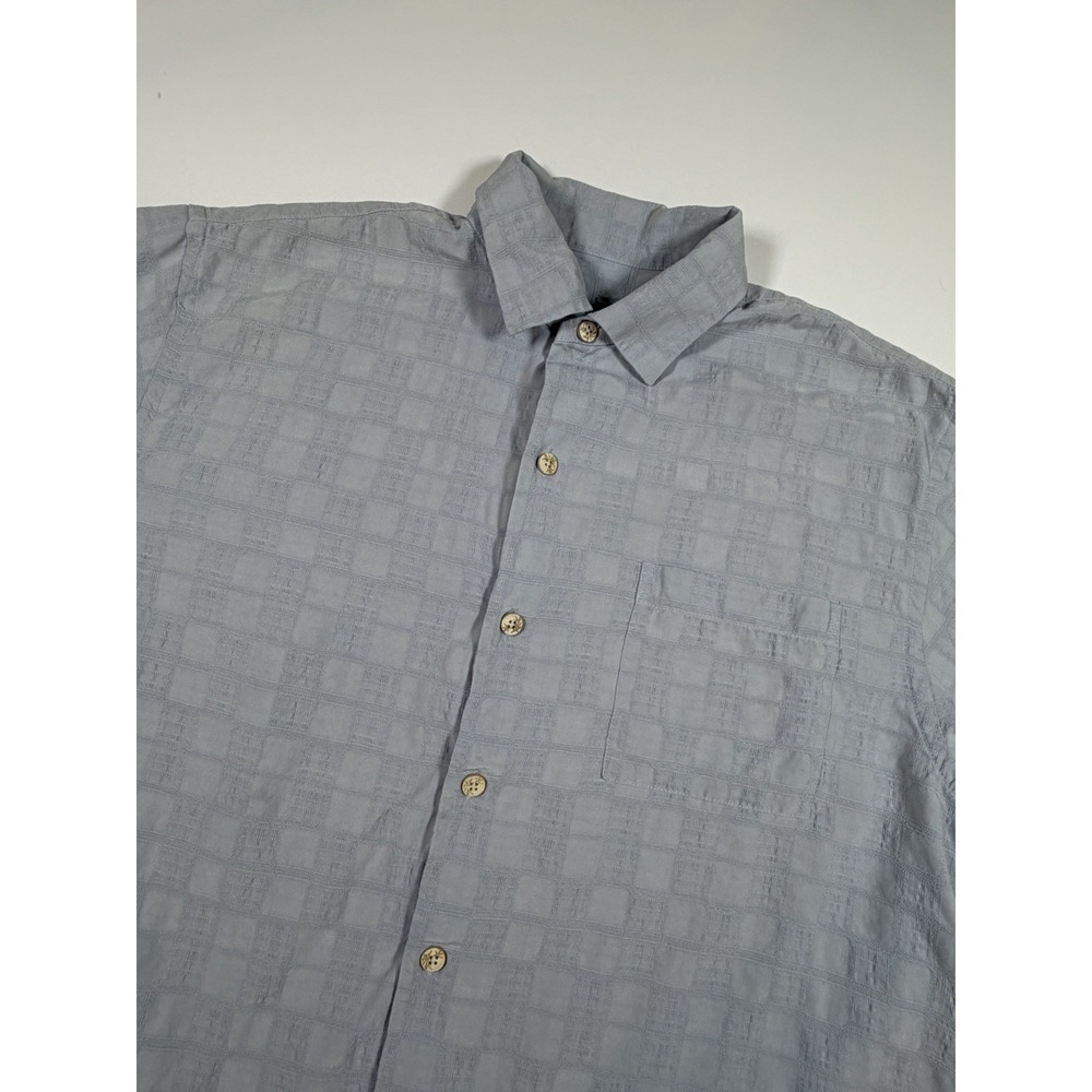 Tommy Bahama 100% Silk Hawaiian Camp Shirt Mens Large Blue Check Jacquard